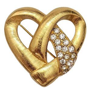 Monet Brushed Gold Tone Clear Rhinestone Vintage Open Heart Brooch, Signed E263